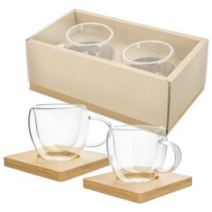 SET DE 2 VASOS DE CAFÉ DE BOROSILICATO CON POSA VASOS MADERA