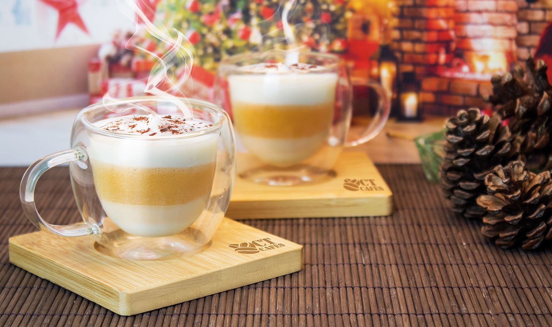 SET DE 2 VASOS DE CAFÉ DE BOROSILICATO CON POSA VASOS MADERA SET DE 2 VASOS DE CAFÉ DE BOROSILICATO CON POSA VASOS MADERA